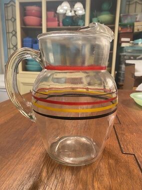 Anchor Hocking 1950s Glass Pitcher Jug Multi Color Stripe With Ice Lip
